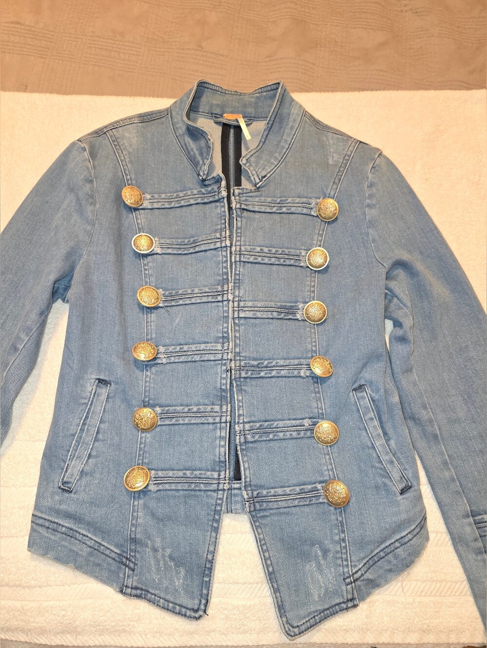 Free People Distressed Denim Military Jacket Gold Buttons Small